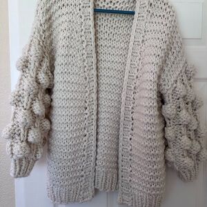 ODDY Cream Chunky Knit Bubble-Sleeve Open Cardigan